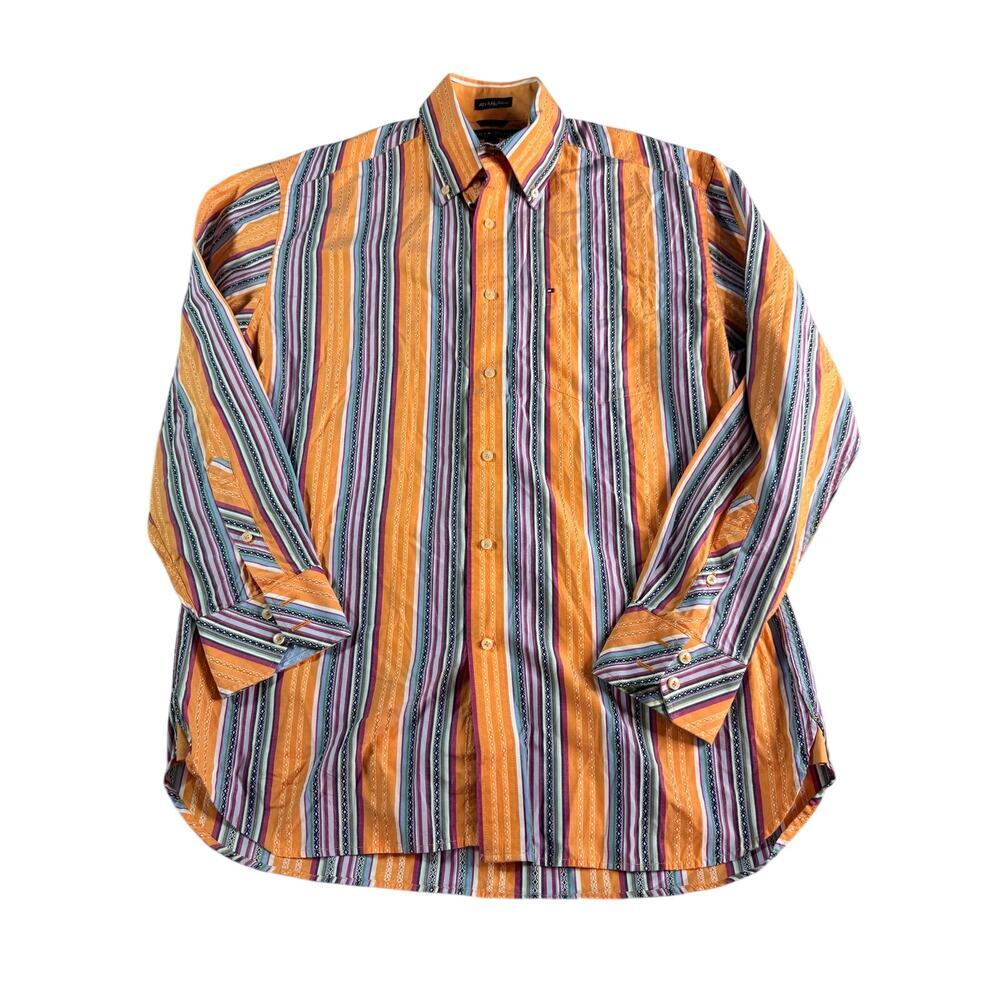 Tommy Hilfiger Mens M Orange Multicolor Stripe Button Up Shirt 2 Ply Cotton Y2K